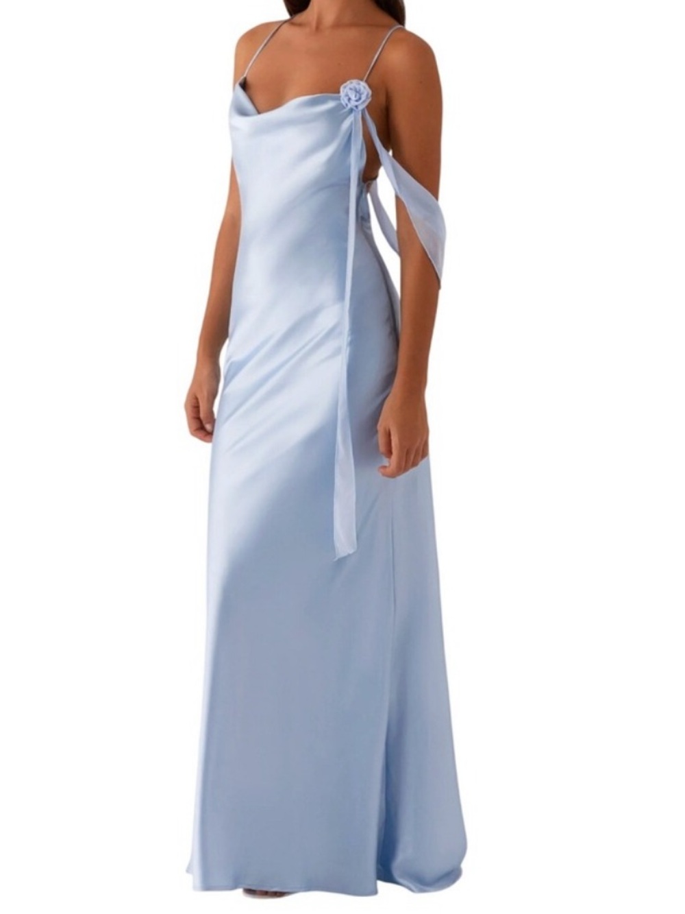 Peppermayo Light Blue Satin Slip Maxi Dress with Rosette Strap